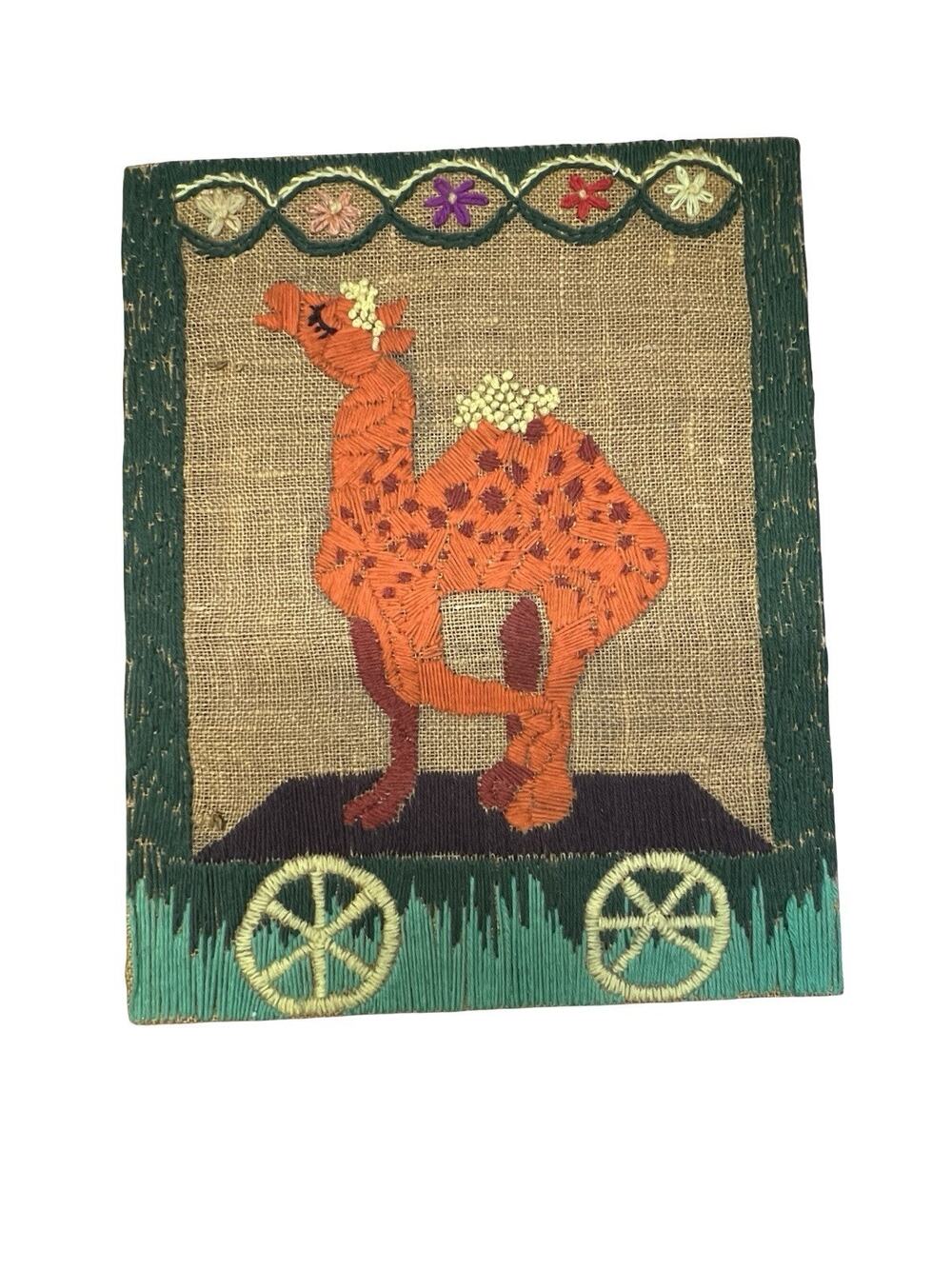 Vintage 1970s Needlepoint Crewel Embroidery Circus Camel On Burlap